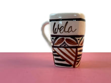 Load image into Gallery viewer, Vintage 1970s Hand Painted Tapa Print Hawaiian Ceramic Mug Personalized “Wela” means “Vera”