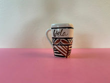 Load image into Gallery viewer, Vintage 1970s Hand Painted Tapa Print Hawaiian Ceramic Mug Personalized “Wela” means “Vera”