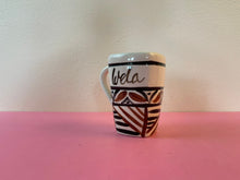 Load image into Gallery viewer, Vintage 1970s Hand Painted Tapa Print Hawaiian Ceramic Mug Personalized “Wela” means “Vera”