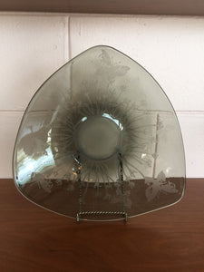 Vintage 1960s Mid Century Modern Art Glass Etched Butterfly Bowl In The Style of Micheal Bang for Holmegaard