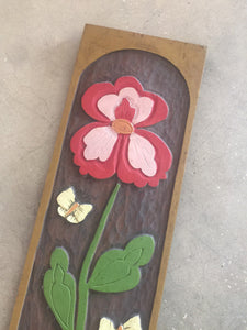 Vintage 1970s Hand Carved Teak Plank with Flower and Butterfly