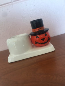 Vintage 1980s Ceramic Pumpkin or Jack O Lantern Tea Light Candleholder