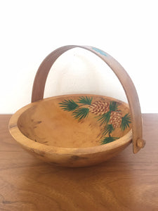 Vintage 1960s Hand Carved Maple Bowl Basket with Hand Painted Pine Tree or Pine Cone Design by RobinHood-Ware