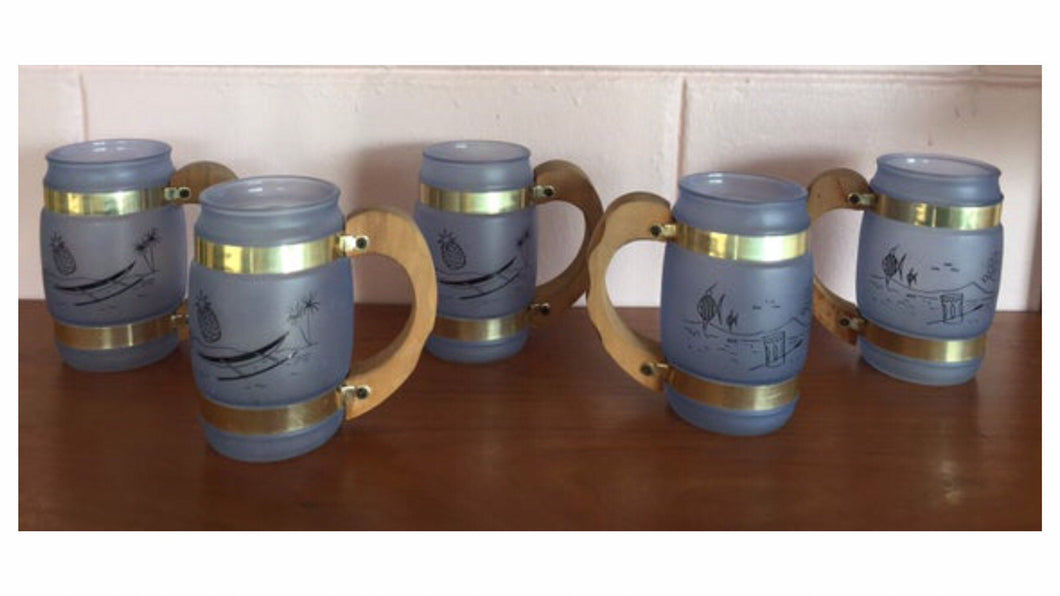 Vintage 1950s Siesta Ware Hawaiian Tiki Glass Barrel Mug Set of 4