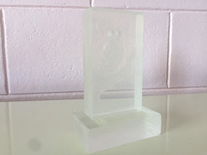 Vintage Mid Century Modern Clear Acrylic Lucite Block Owl Sculpture Signed by Artist