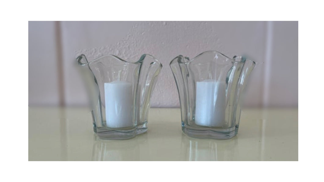 Vintage 1980s Pair Clear Pressed Glass Candle Holders or Micro Vases