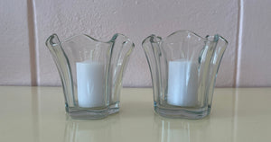 Vintage 1980s Pair Clear Pressed Glass Candle Holders or Micro Vases