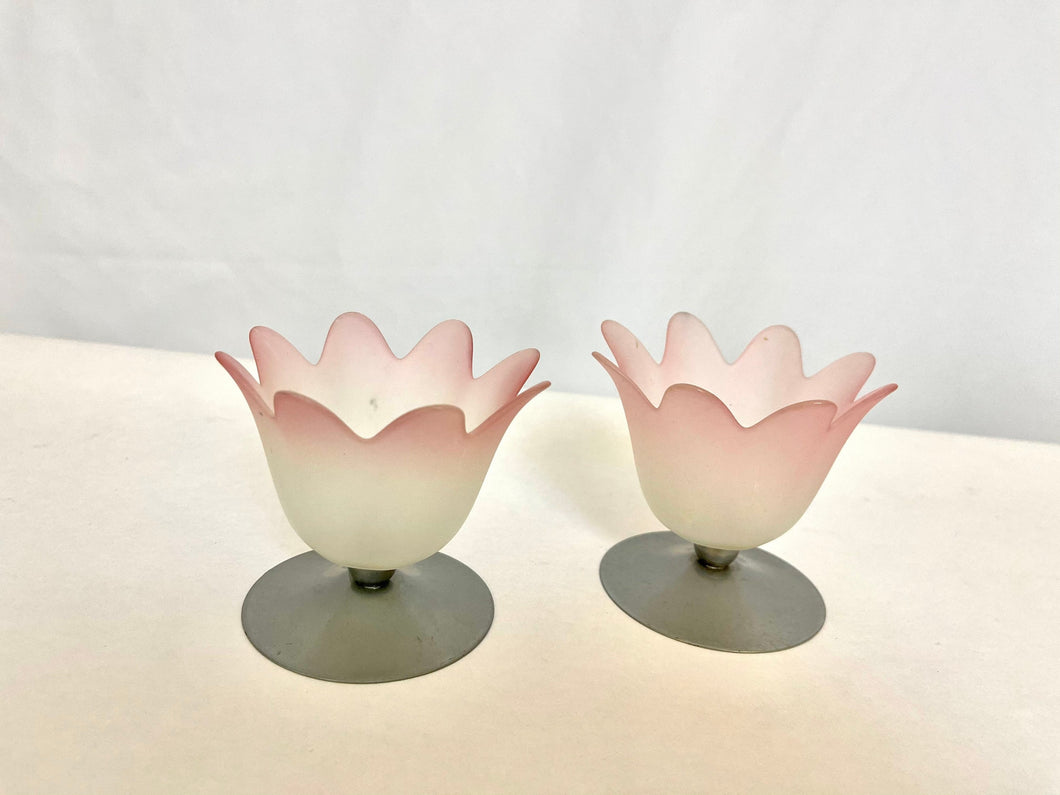 Vintage 1980s Pair of Glass and Metal  Tealight Holders