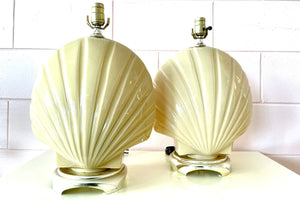 Beige Glass Pair of 80’s Seashell Table Lamps || Vintage Light || Bubblegum Lamp || Sea Shell Nautical ||
