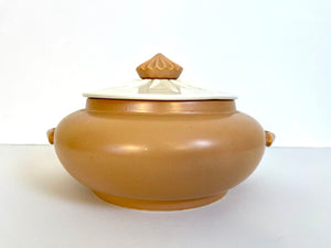 Vintage 1950 Pottery A. C. Davey of California #316 Starburst Casserole Dish with Lid, Peach + Cream