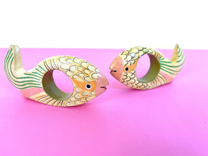 Vintage 80s Pair of Hand Carved and Hand Painted Tropical Fish Napkin Rings