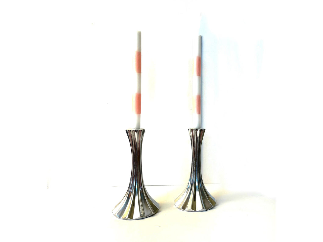 Vintage 80s Pair of Pleated Aluminum Candlestick Holders