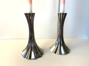 Vintage 80s Pair of Pleated Aluminum Candlestick Holders