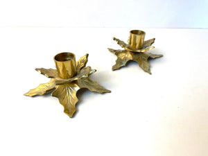Vintage 80s Pair of Brass Poinsettia Candlestick Holders