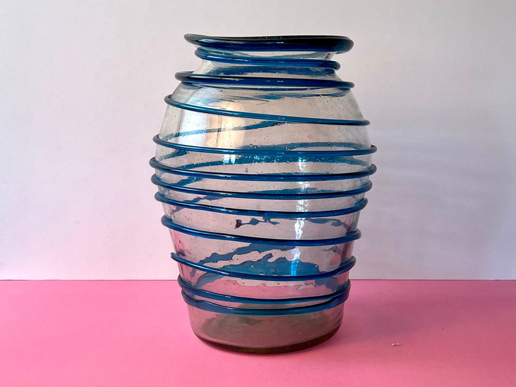 Vintage 80s Style Modern Clear Glass Vase with Applied Blue Swirl In The Style of Blenko