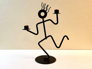 Vintage 1980s Post Modern Memphis Styled Black Metal Running Man Candle Holder By Scardy