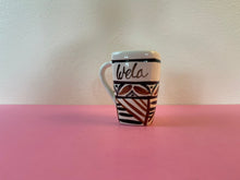 Load image into Gallery viewer, Vintage 1970s Hand Painted Tapa Print Hawaiian Ceramic Mug Personalized “Wela” means “Vera”
