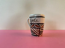 Load image into Gallery viewer, Vintage 1970s Hand Painted Tapa Print Hawaiian Ceramic Mug Personalized “Wela” means “Vera”
