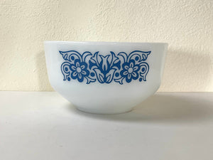 Vintage 1960s Fire King Blue Flower Scroll Milk Glass Mixing Bowl