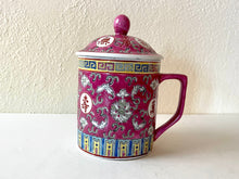 Load image into Gallery viewer, Vintage Chinese Red Mun Shou Famille Rose Longevity Jingdezhen Coffee Mug + Lid 14 Fl OZ
