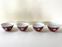 Load image into Gallery viewer, Vintage Red Mun Shou Famille Rose Longevity Jingdezhen Set of Three Rice Bowls
