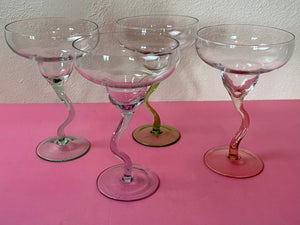 Vintage 1990 Set of Four Zig Zag Stemmed Margarita Glasses