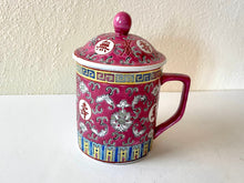 Load image into Gallery viewer, Vintage Chinese Red Mun Shou Famille Rose Longevity Jingdezhen Coffee Mug + Lid 14 Fl OZ
