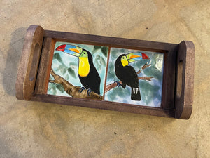 Vintage 90s Wood + Tile Toucan Serving Tray