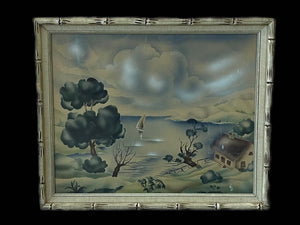 Vintage Airbrushed Turner Style Mathews Print of Sailboat in Faux Bamboo Frame