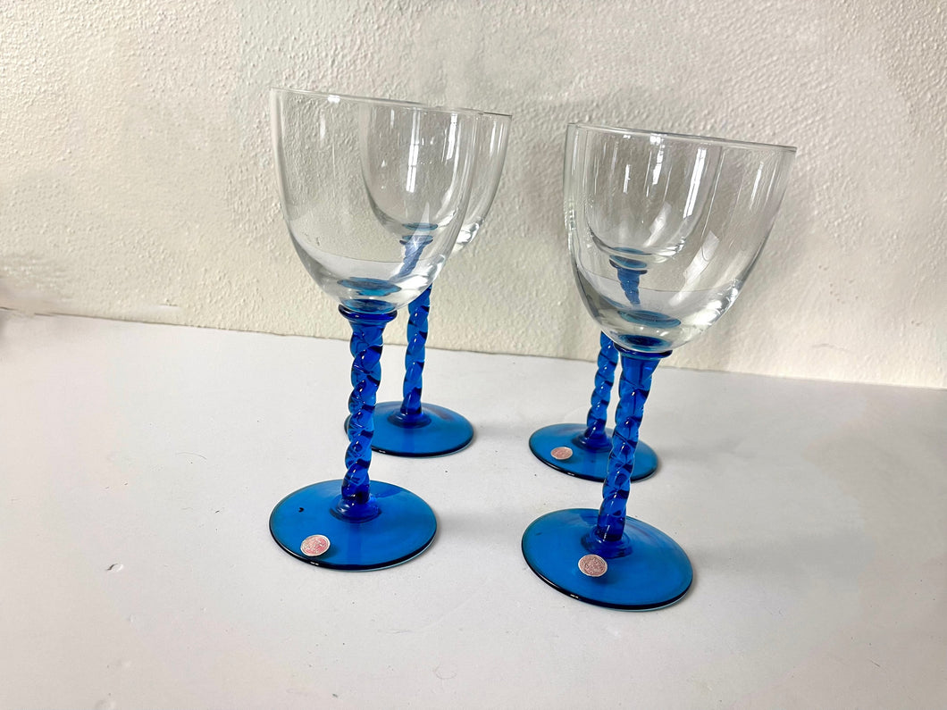 Vintage 60s Set of Four Twisted Stem Wine Glasses Made In Italy