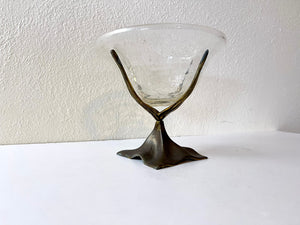 Vintage 80s Brass + Crackle Glass Pedestal Bowl
