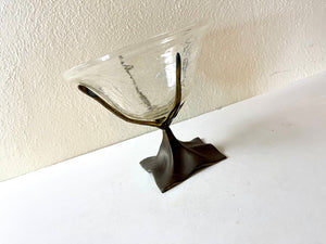 Vintage 80s Brass + Crackle Glass Pedestal Bowl