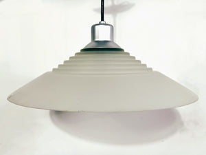 Vintage 80s Viokef Greek Hand-Made Frosted Glass Disc Pendant Light